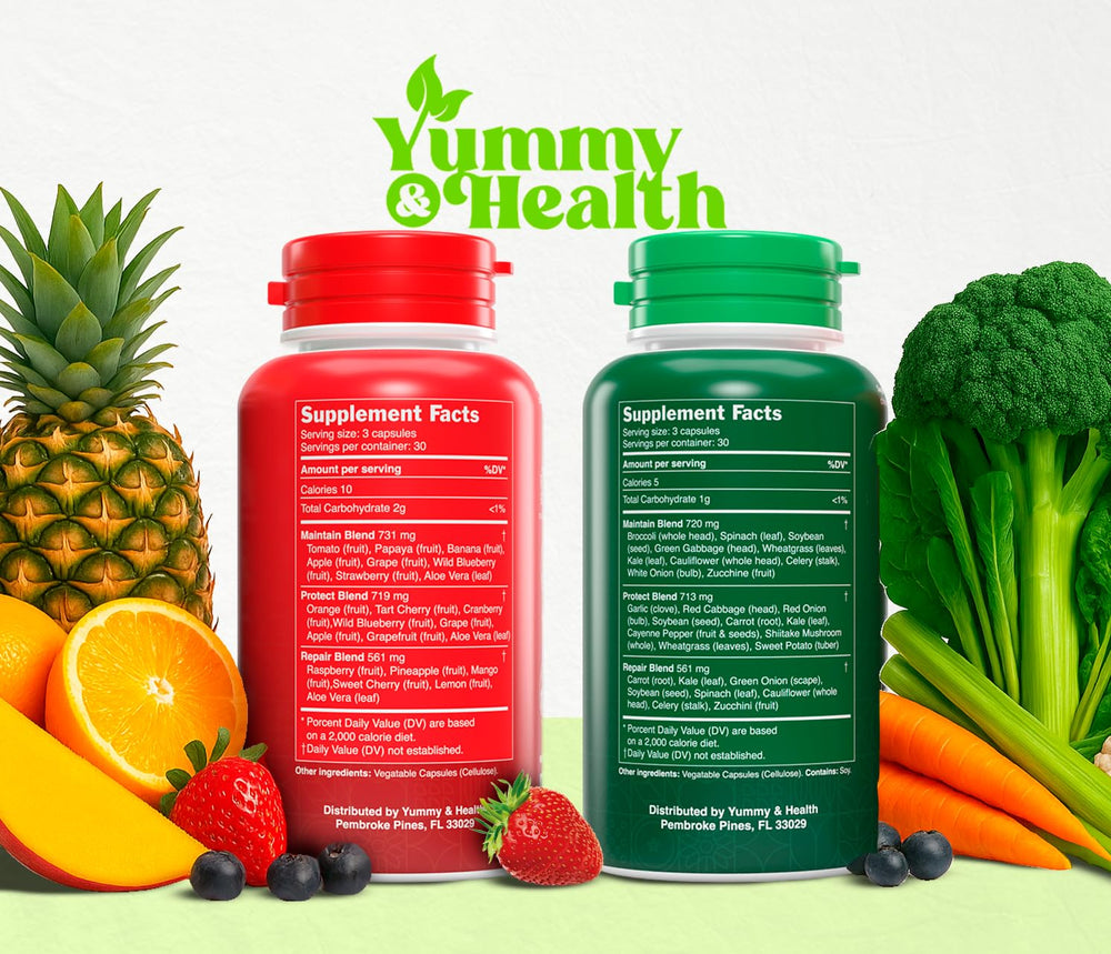 Yummy & Health front label features gluten-free, soy-free, and lactose-free notes.