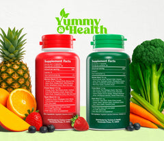 Yummy & Health front label features gluten-free, soy-free, and lactose-free notes.