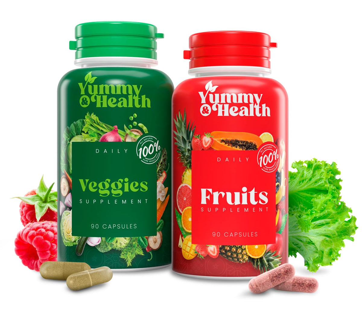 Yummy & Health fruits & veggies capsules bottle front for daily nutrient support.
