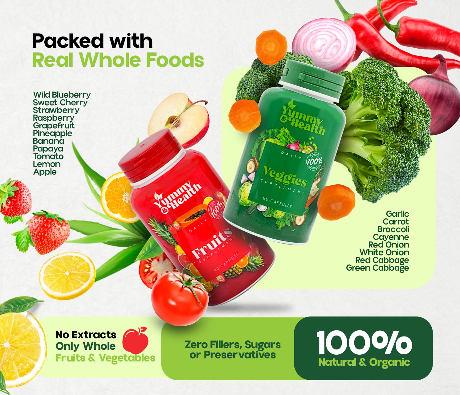 Yummy & Health capsules beside a glass of juice for easy, on-the-go boost.