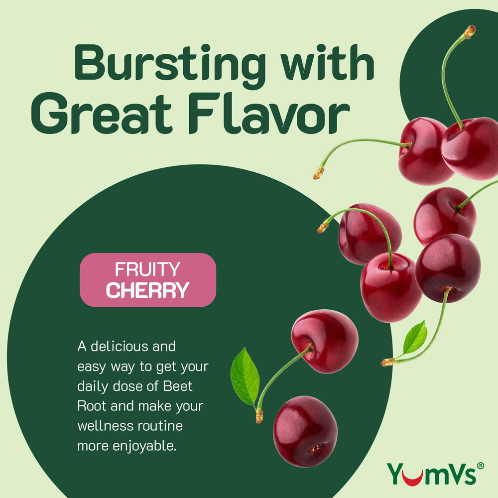 YUM-V'S Beet Root Gummies close-up highlights berry flavor and soft texture for easy daily enjoyment.