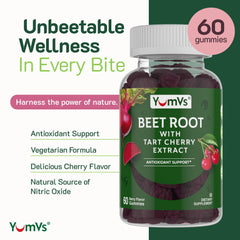 Close-up of glossy berry-flavored gummies highlighting natural beet and tart cherry ingredients.