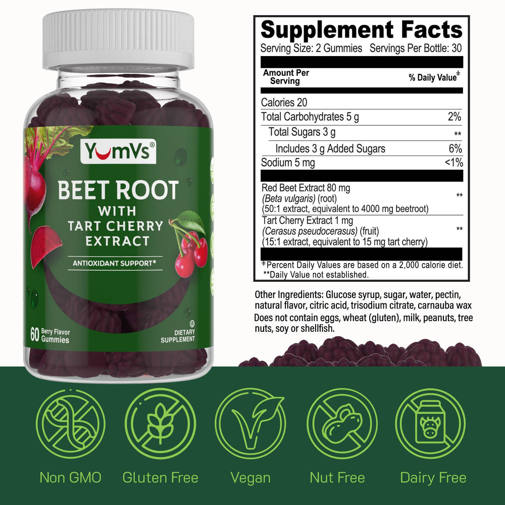 YUM-V'S gummies show vegetarian-friendly formula and berry goodness.