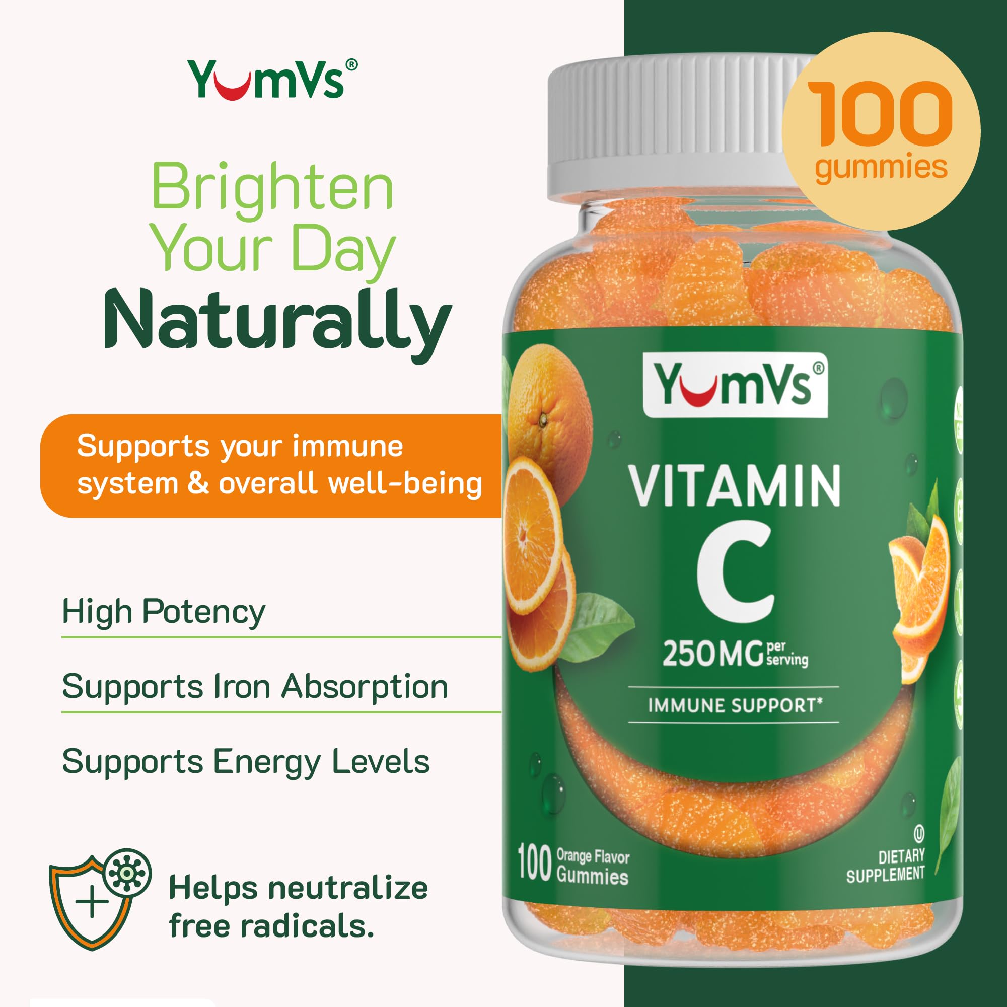 YumVs Vitamin C Gummies nutrition label shows 250 mg per serving