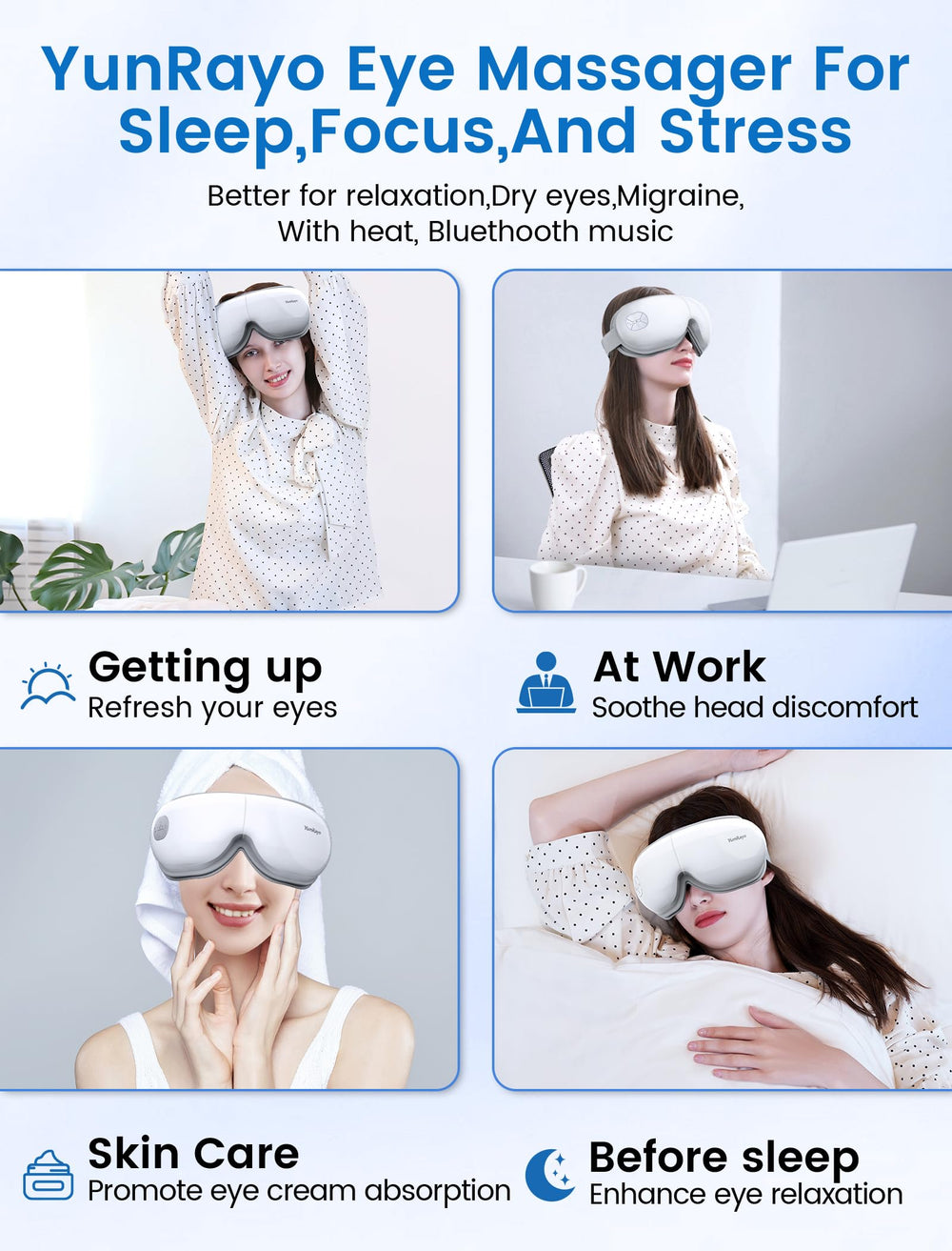 Adjustable headband on YunRayo eye massager to fit different head sizes