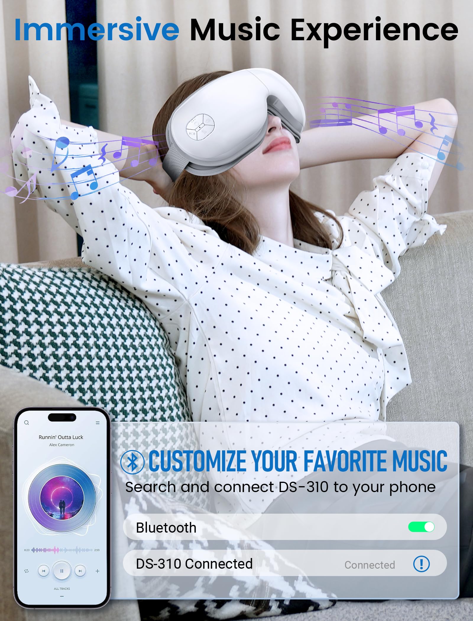 Dual layer air pressure massage simulates gentle kneading around temples and eyelids
