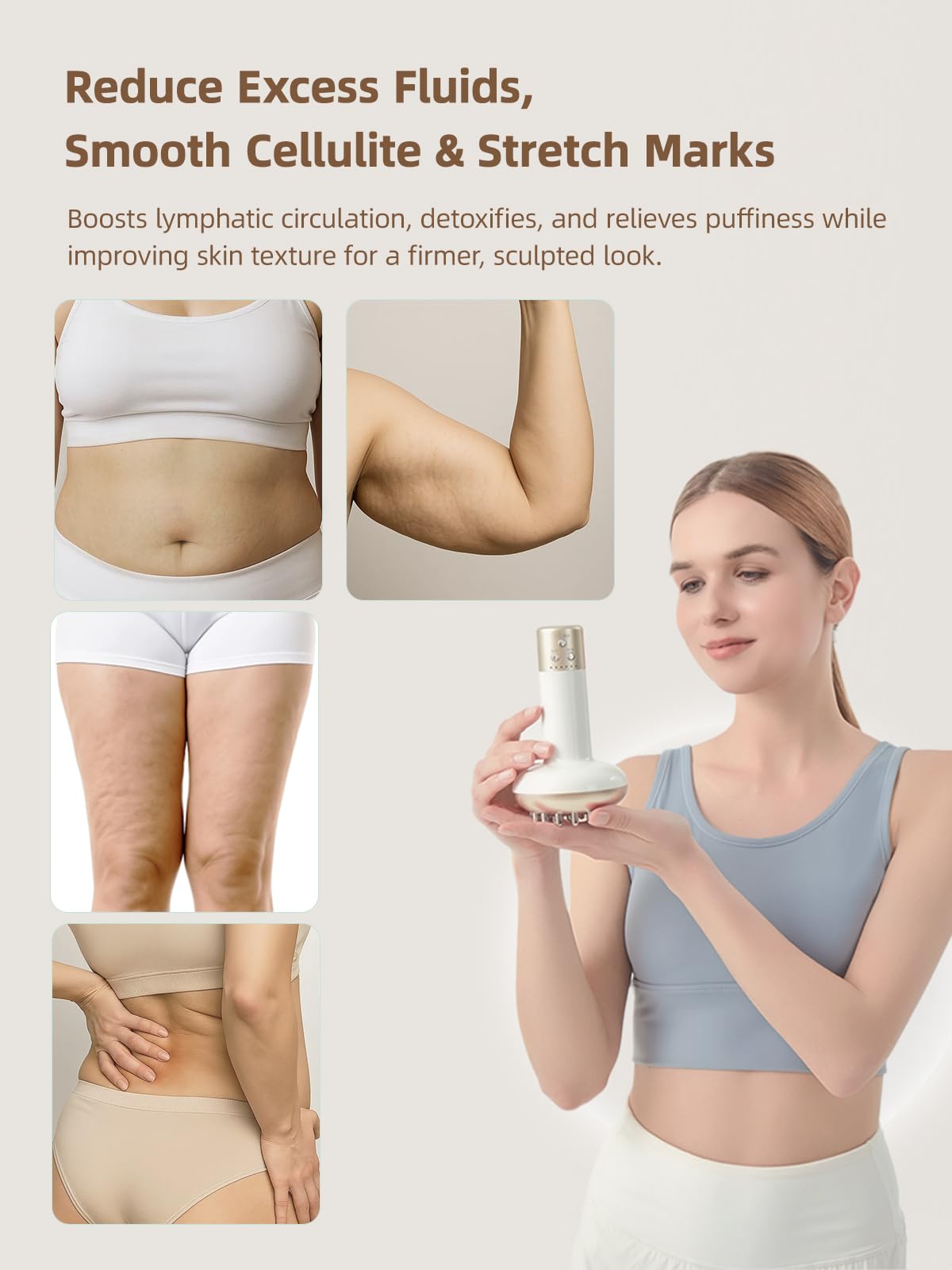 Yuonry body sculpting device delivering vibration, heat, and light
