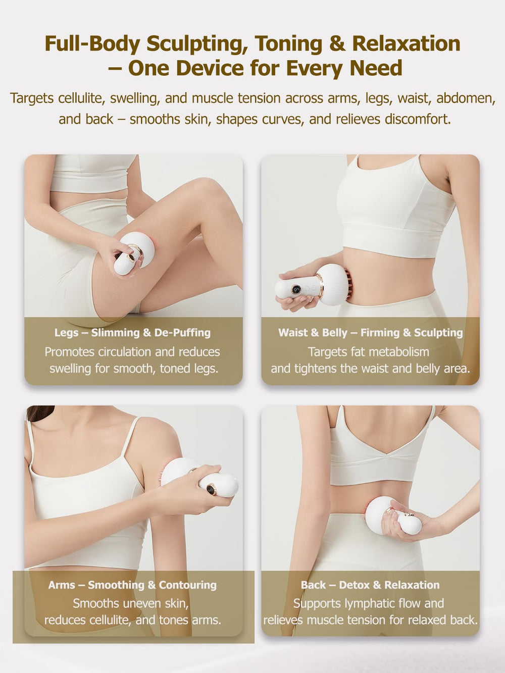 Yuonry full-body use on legs, arms, and belly for fascia release and contouring.