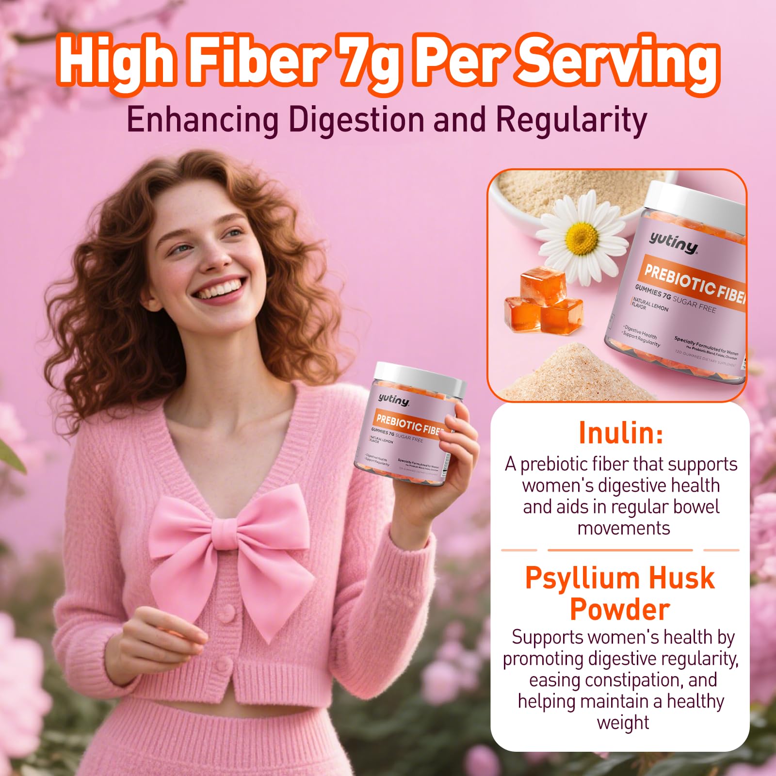 Yutiny fiber gummies packaging front emphasizing prebiotic fiber from inulin and psyllium