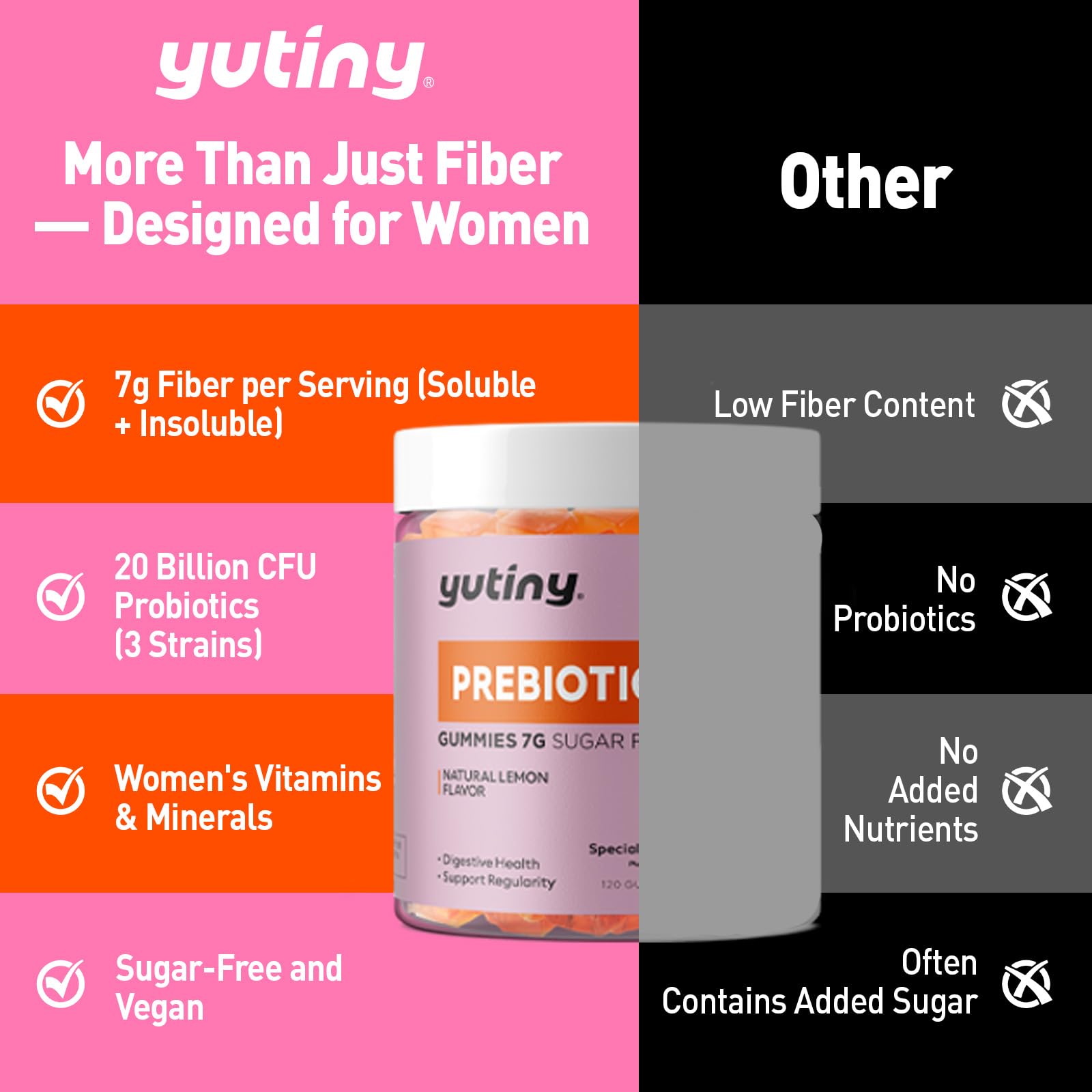 Yutiny soft chew gummies showcasing vegan, non-GMO, zero sugar formula