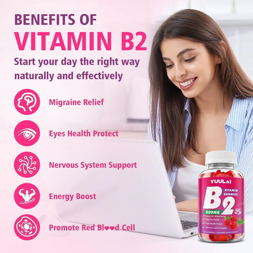 YUULAI B2 gummies nutrition label highlights vegan, sugar-free formula.