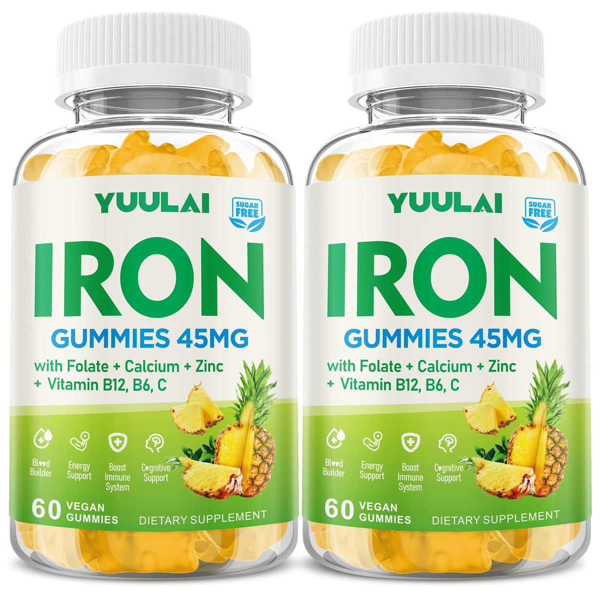 YUULAI iron gummies bottle pour highlights pineapple flavor and easy daily energy support.