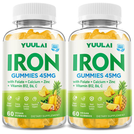 YUULAI iron gummies bottle pour highlights pineapple flavor and easy daily energy support.