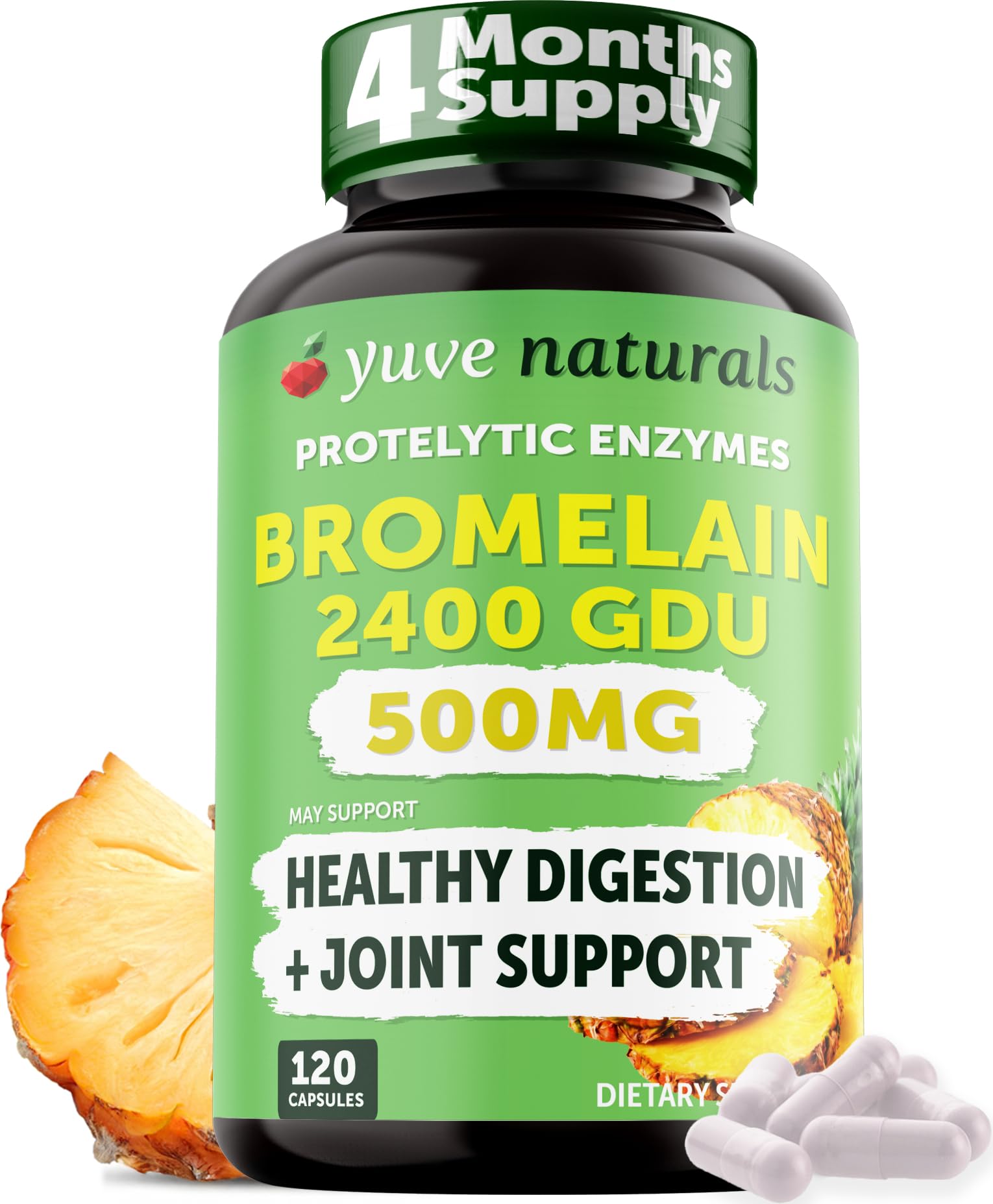 Yuve Bromelain 500mg bottle front highlights potent digestive support