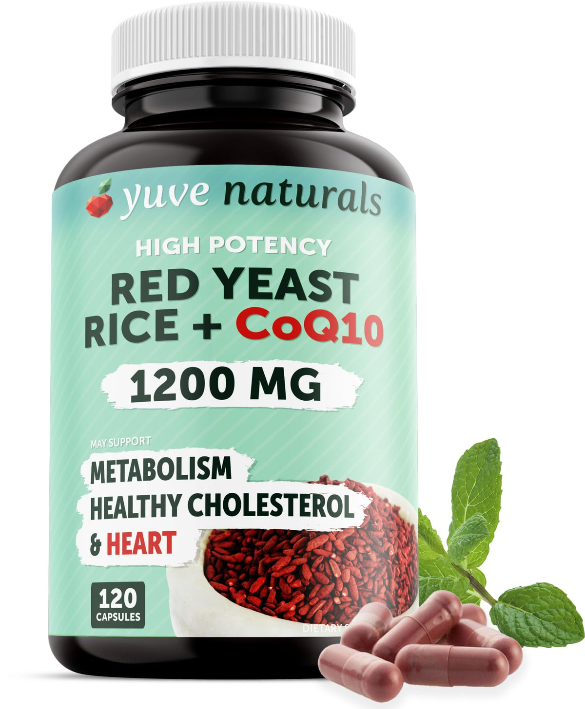 Yuve red yeast rice 1200 mg with CoQ10 bottle front view suggesting cholesterol balance support