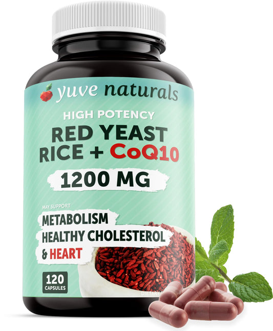 Yuve red yeast rice 1200 mg with CoQ10 bottle front view suggesting cholesterol balance support