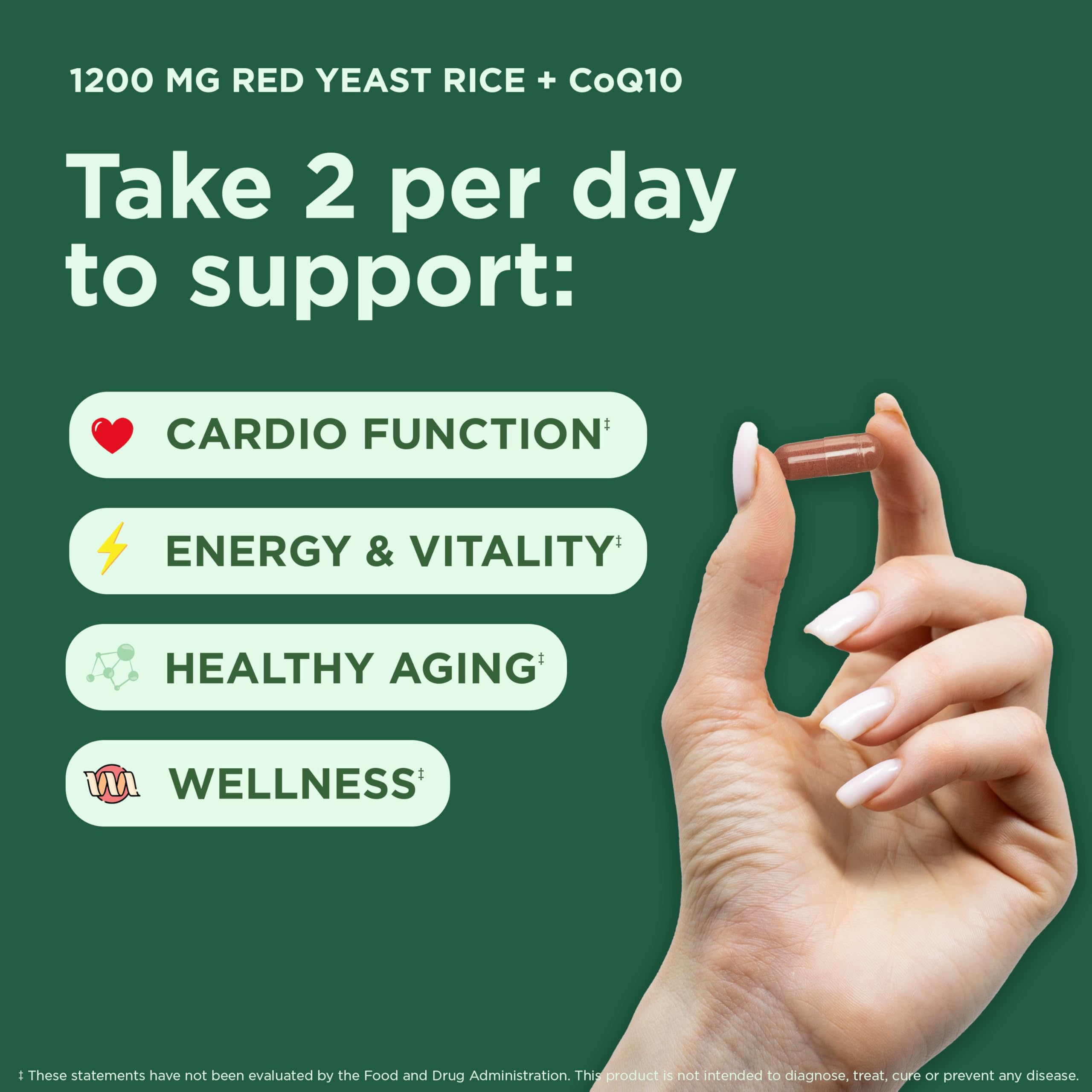 Yuve red yeast rice 1200 mg with CoQ10 capsules close-up shows vegan-friendly design focus