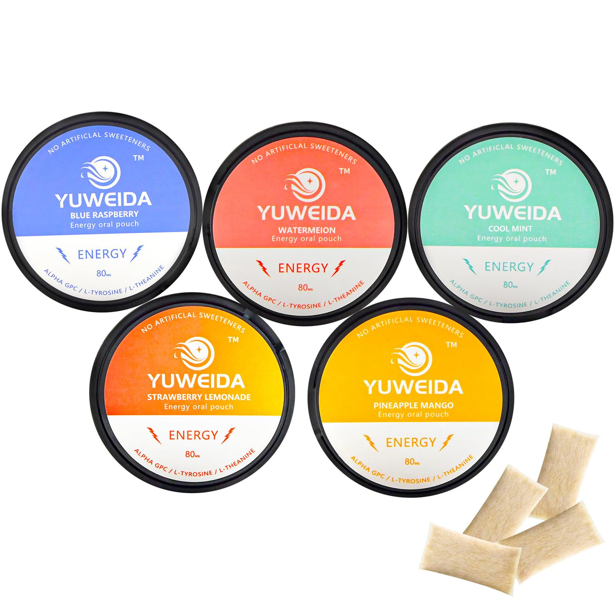 YUWEIDA caffeine energy pouches on the front can for a quick boost