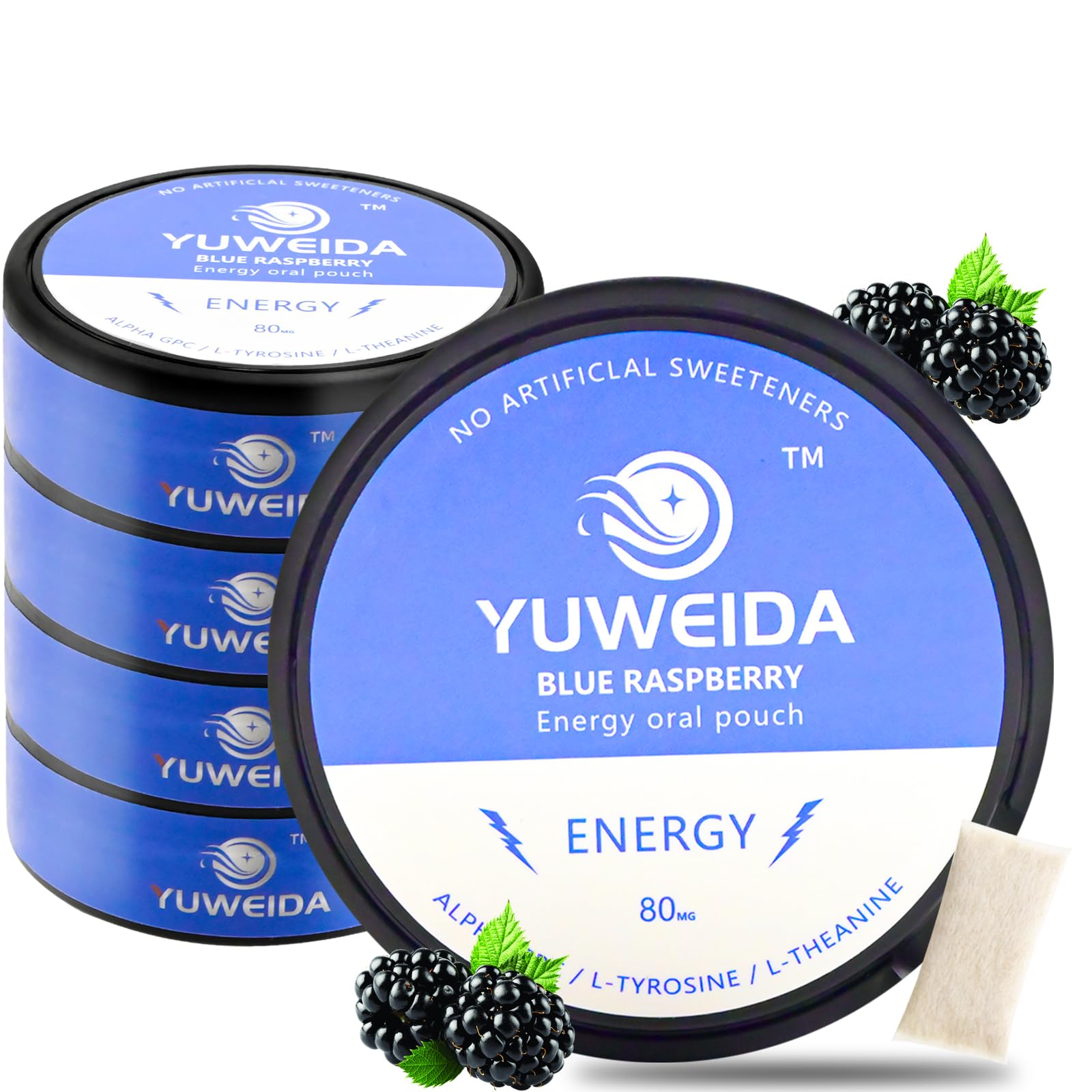 YUWEIDA caffeine nootropic pouches blueberry pack ready for on-the-go energy.