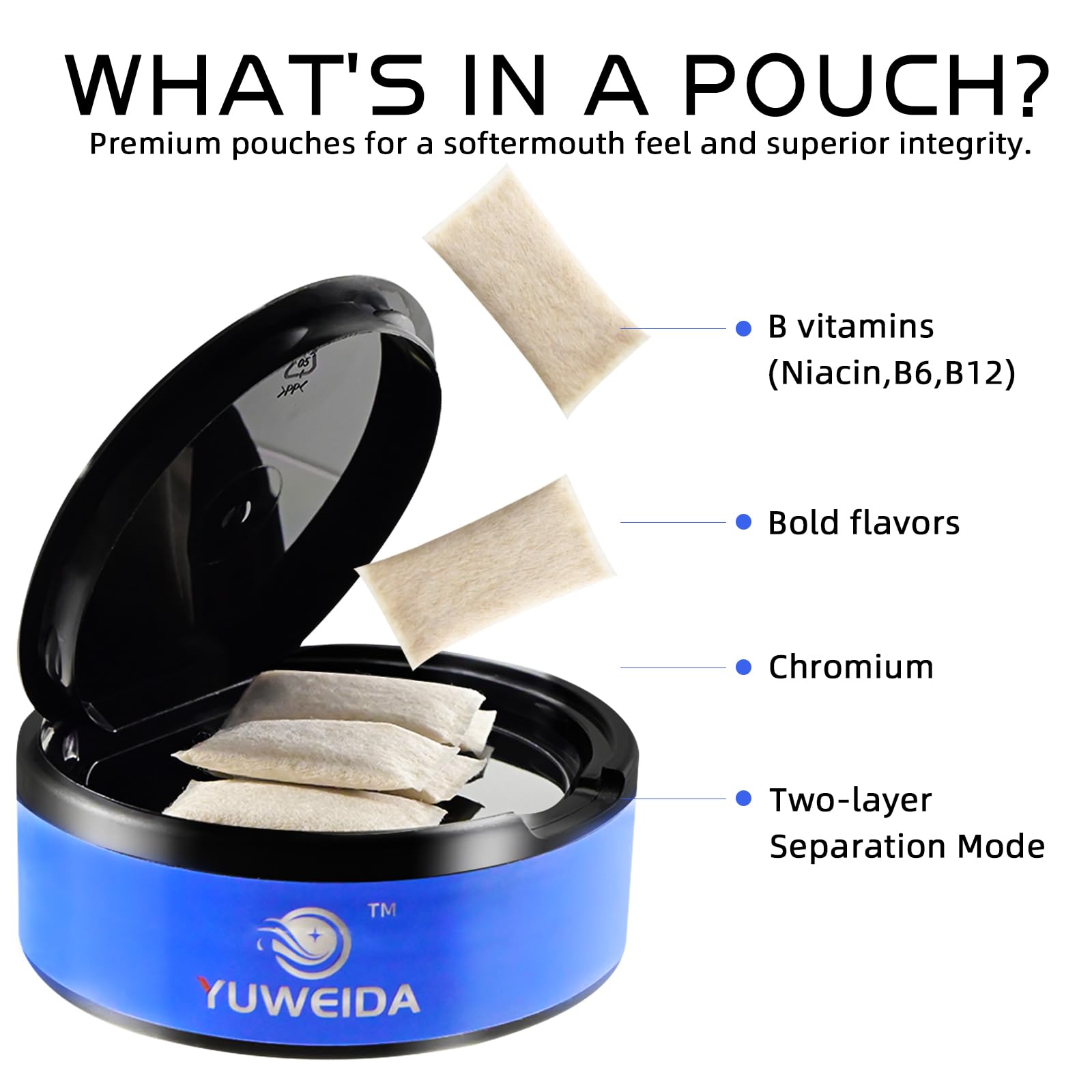 YUWEIDA caffeine nootropic pouches dissolving in mouth for fast absorption.