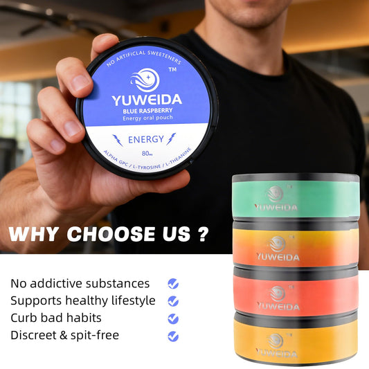 Open-pack of YUWEIDA energy pouches showing multiple servings on the go