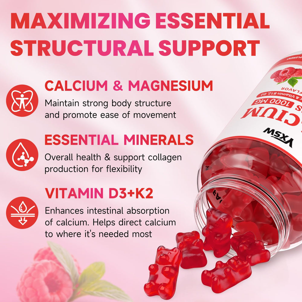 YXSW Calcium Gummies nutrition label highlights D3, K2 and B12 for absorption and balance