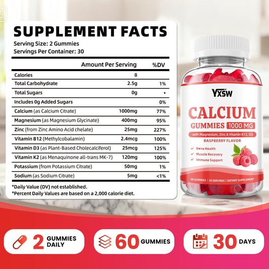 YXSW Calcium Gummies pour shot showing convenient on the go consumption with raspberry flavor