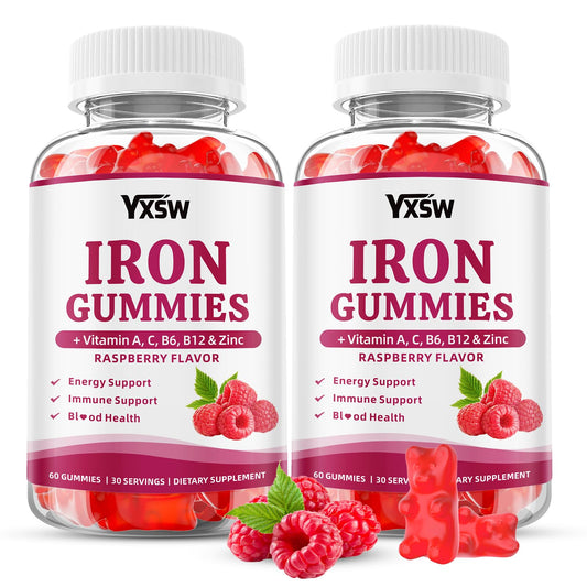 YXSW iron gummies raspberry bottle on bright background signaling energy and immune support