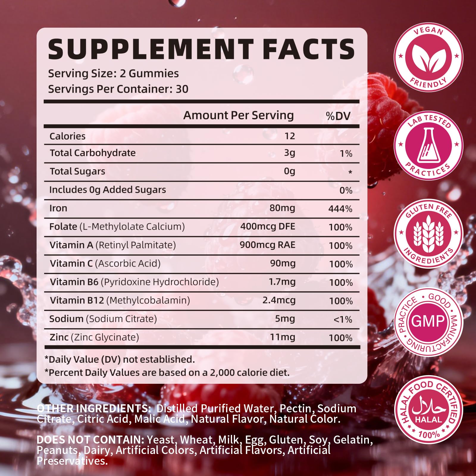 Close-up of YXSW iron gummies with raspberry flavor, easy daily energy support