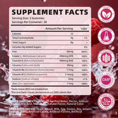 Close-up of YXSW iron gummies with raspberry flavor, easy daily energy support