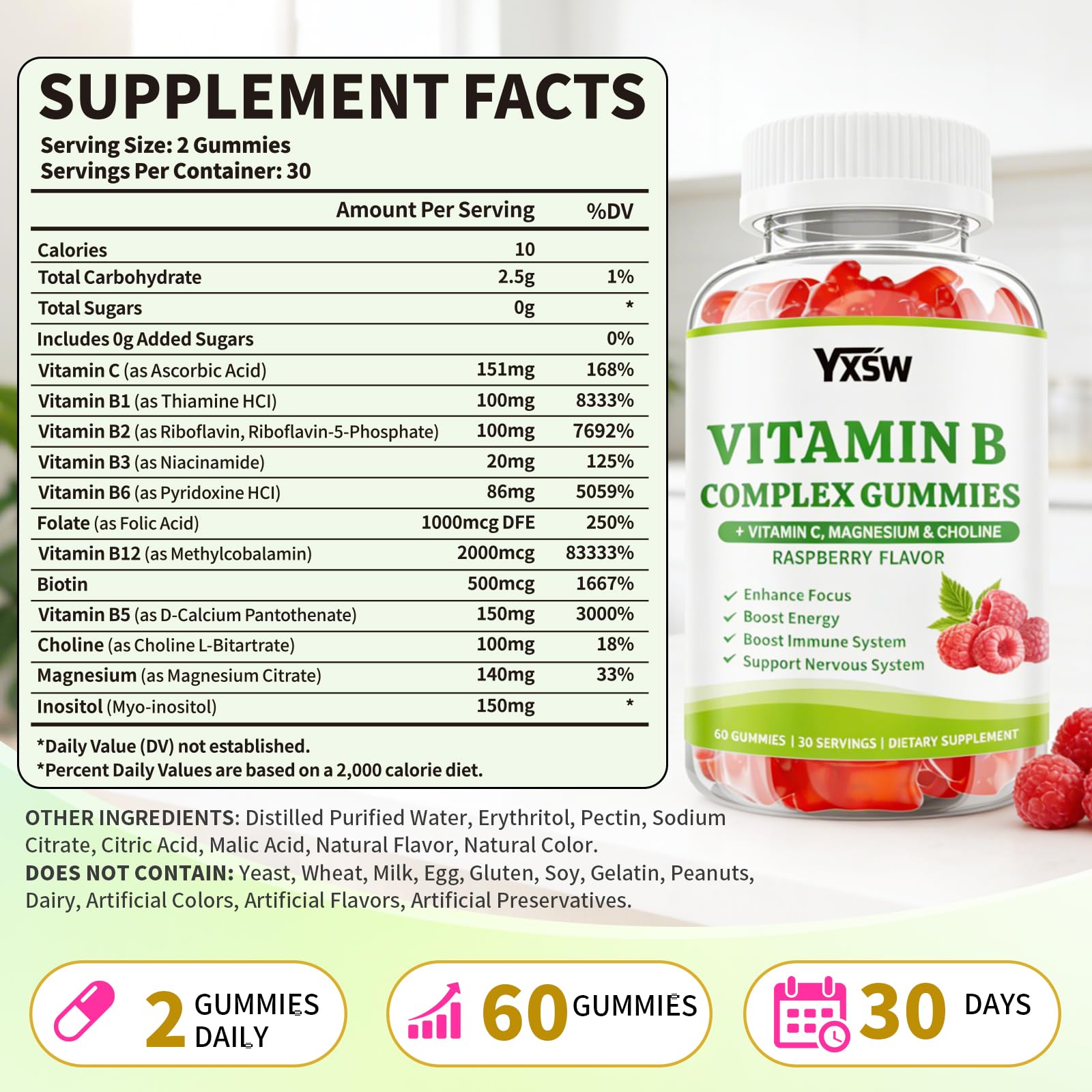 YXSW Vitamin B Complex Gummies serving with raspberry flavor for focus and mood