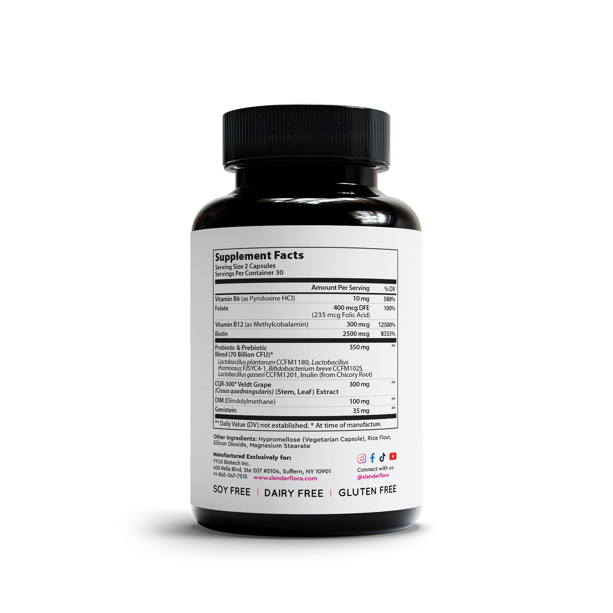 YYUX SlenderFlora allergen-free packaging highlighting gluten, soy, dairy-free claim