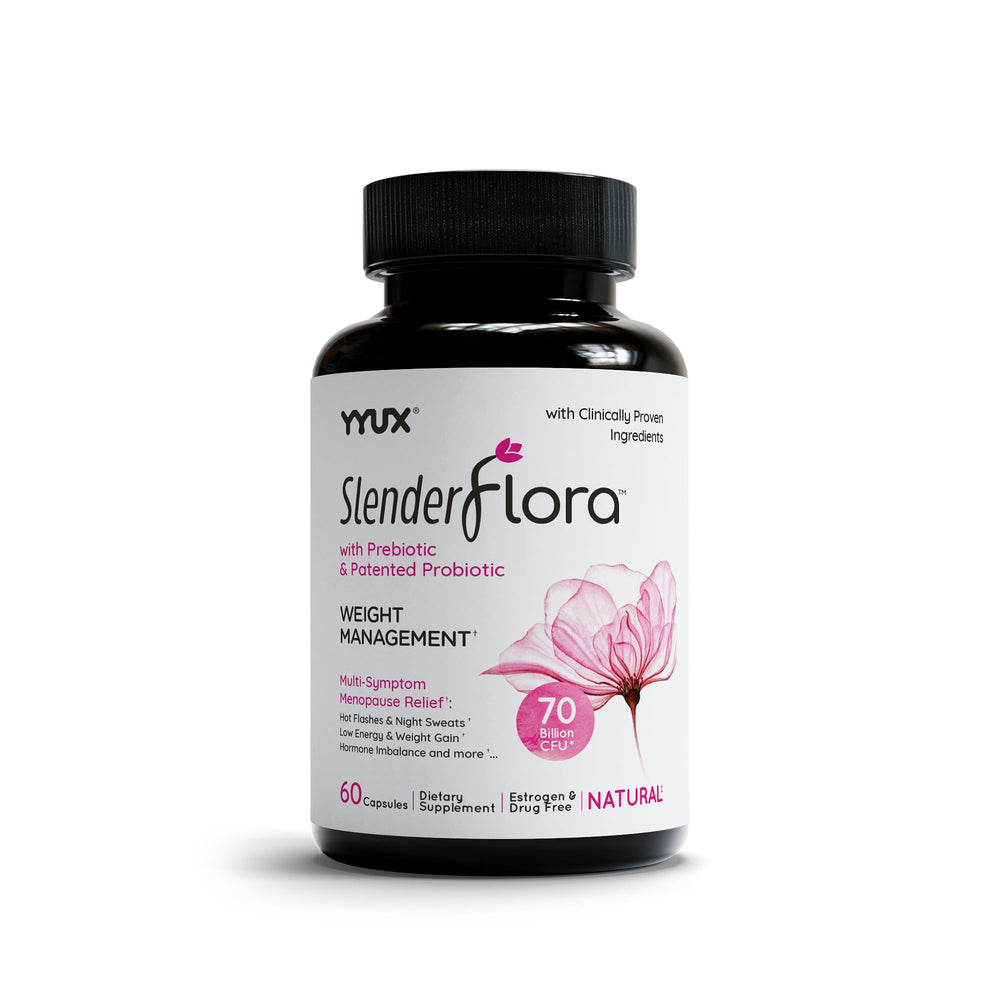 YYUX SlenderFlora bottle front view showing the probiotic product for menopause support