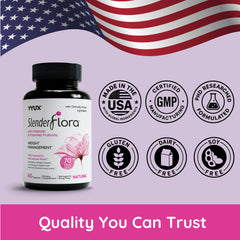YYUX SlenderFlora packaging box emphasizing USA-made, allergen-free formula