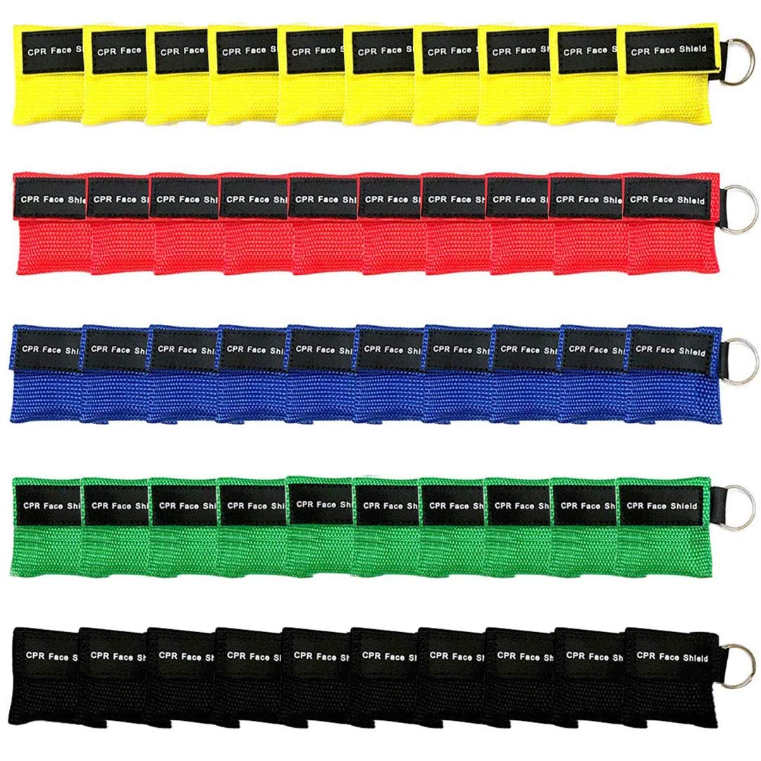 Yzpacc CPR mask colorful 50pcs pack for quick first aid readiness.
