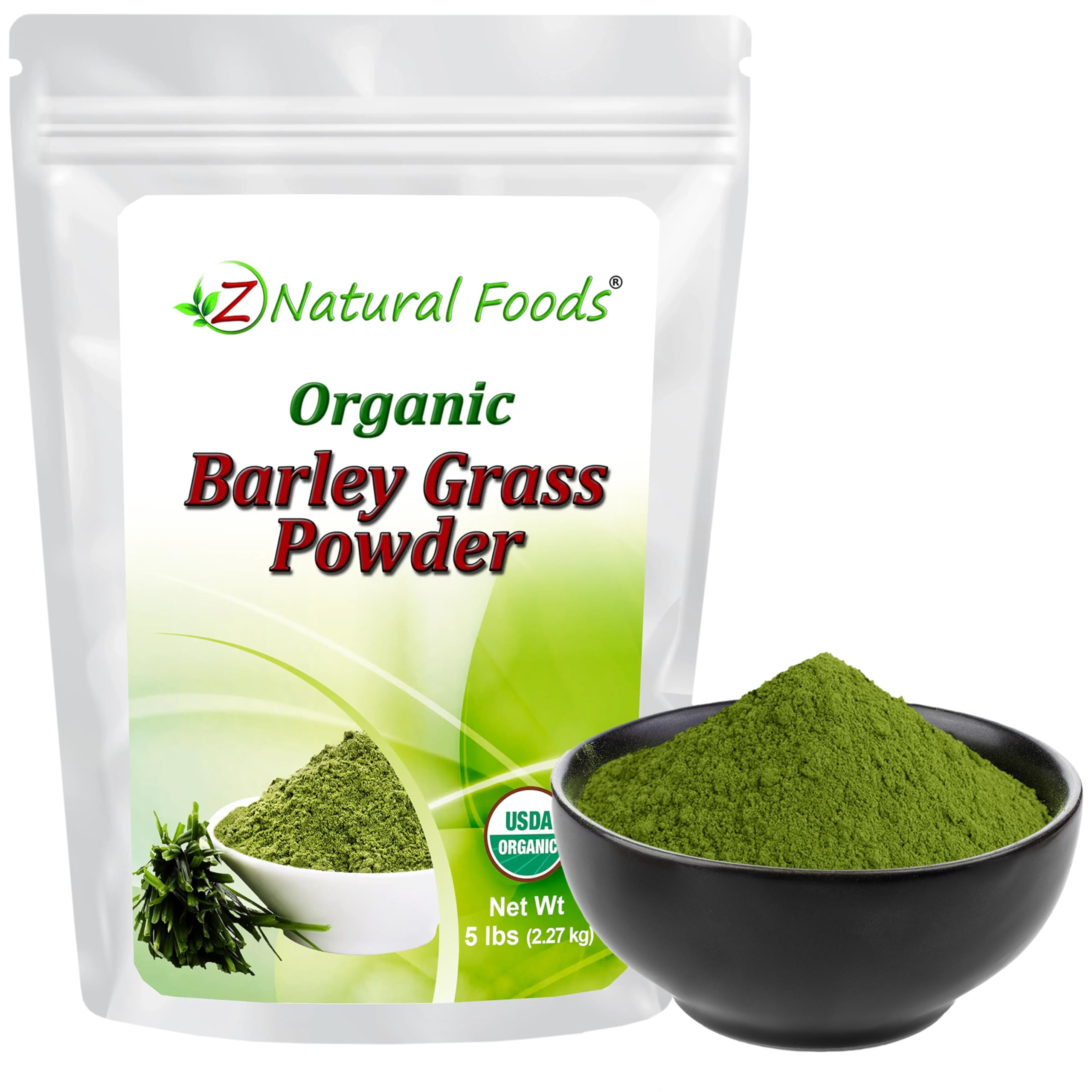 Z Natural Foods barley grass powder bottle highlighting natural greens for daily energy.