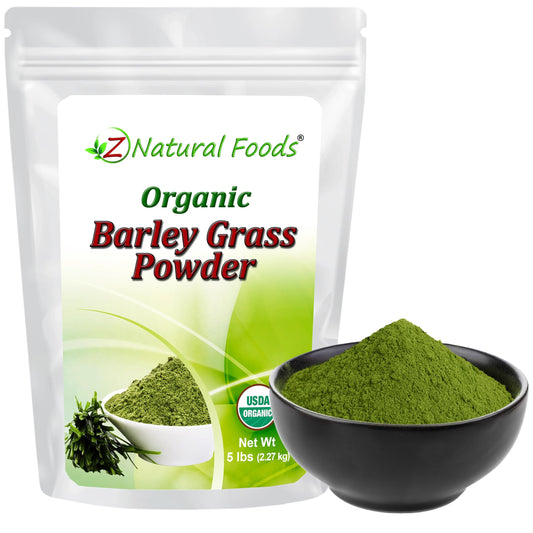 Z Natural Foods barley grass powder bottle highlighting natural greens for daily energy.