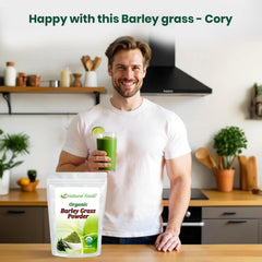 Z Natural Foods barley grass powder close-up texture shows fine powder.
