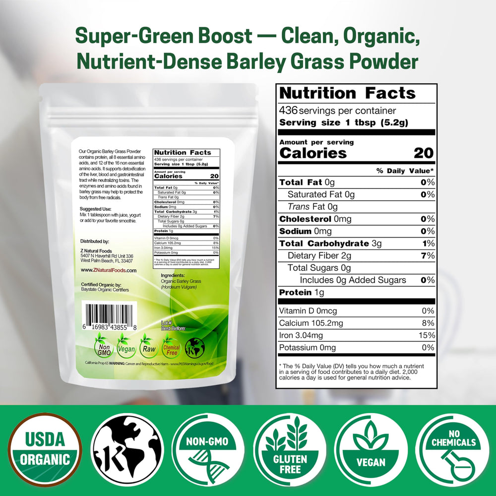 Z Natural Foods barley grass powder jar label emphasizes organic purity and antioxidant trio.