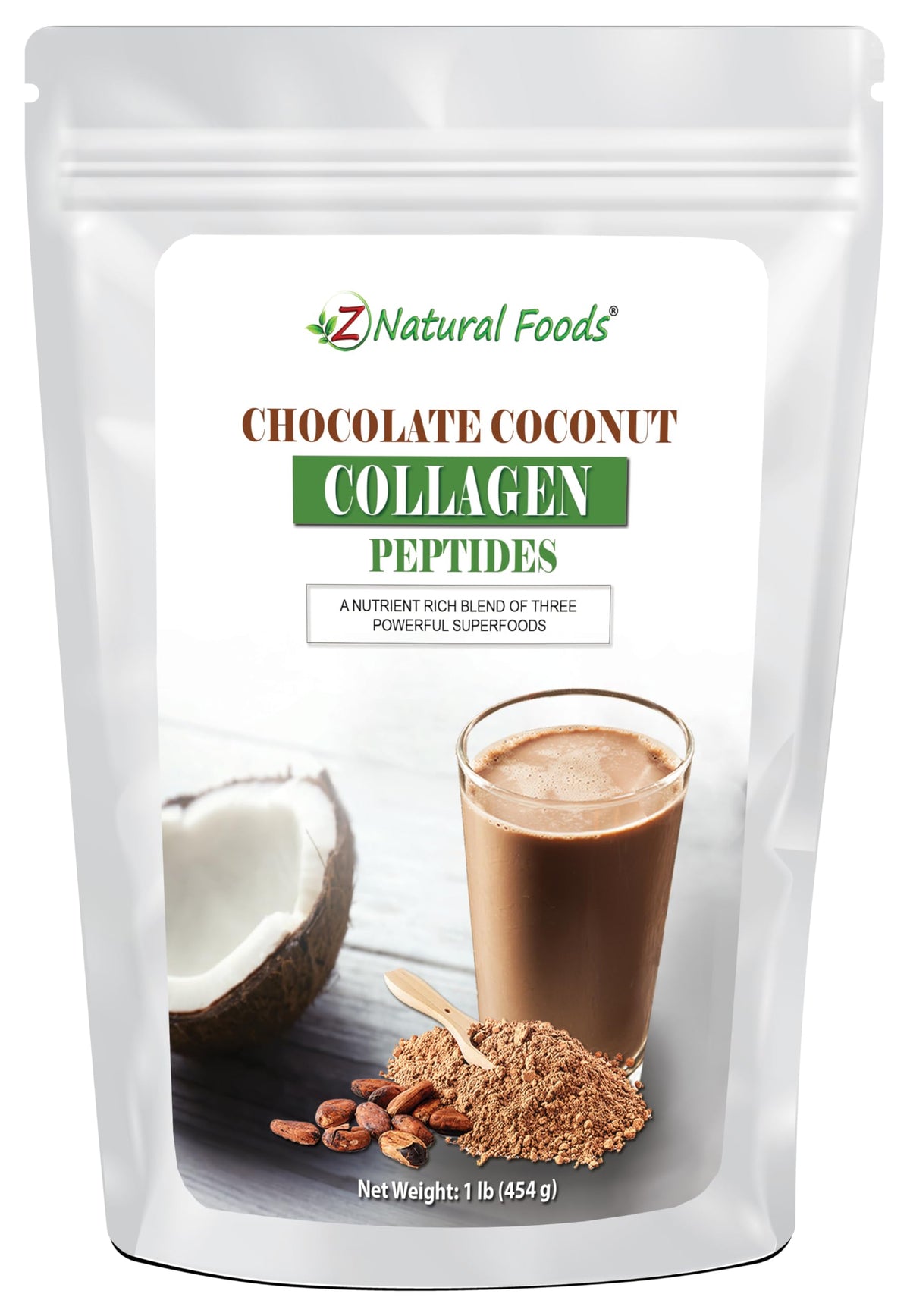 Z Natural Foods chocolate coconut collagen powder bottle for daily wellness