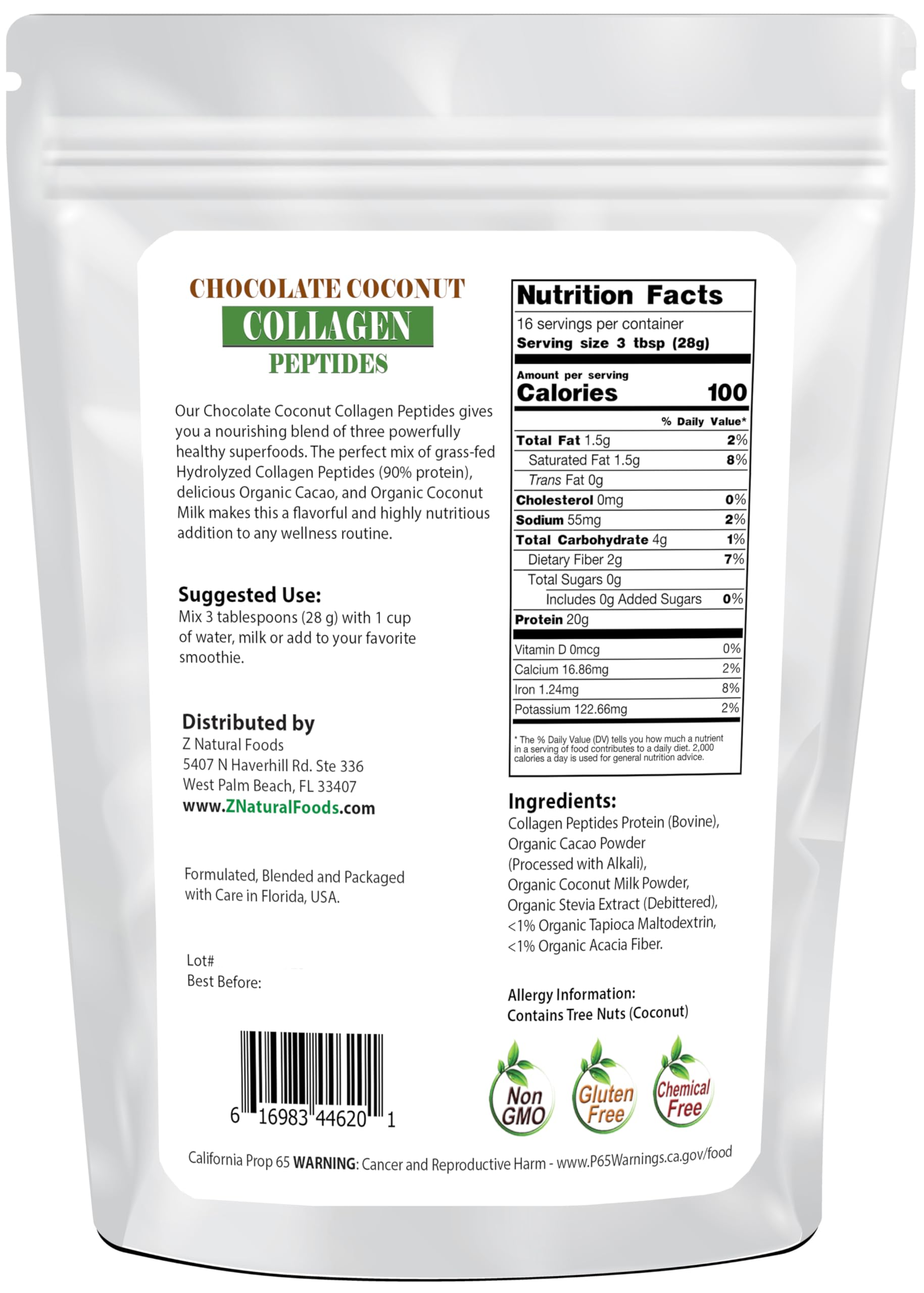 Z Natural Foods chocolate coconut collagen scoop for easy daily servings