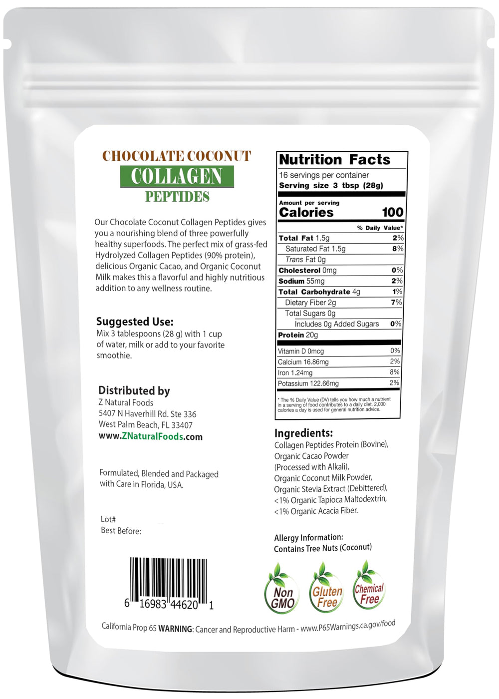 Z Natural Foods chocolate coconut collagen scoop for easy daily servings