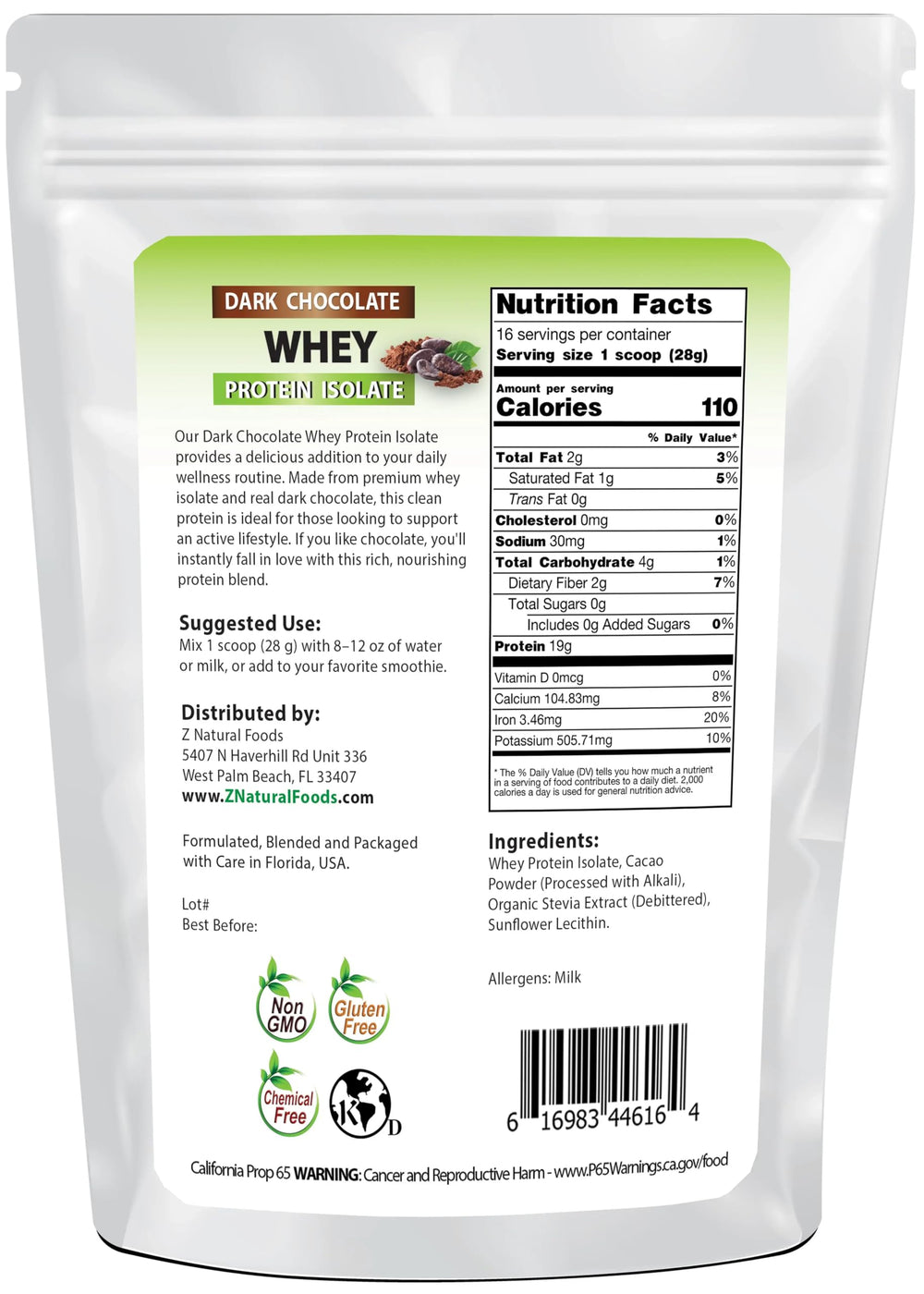Z Natural Foods dark chocolate whey protein in glass shows smooth mix and zero sugar.