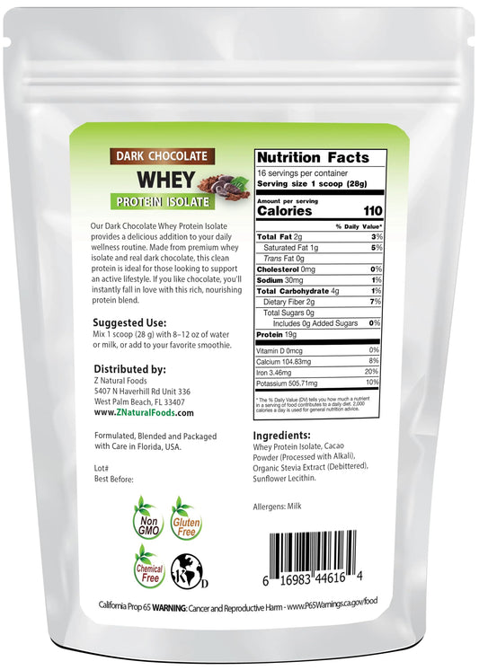 Z Natural Foods dark chocolate whey protein in glass shows smooth mix and zero sugar.