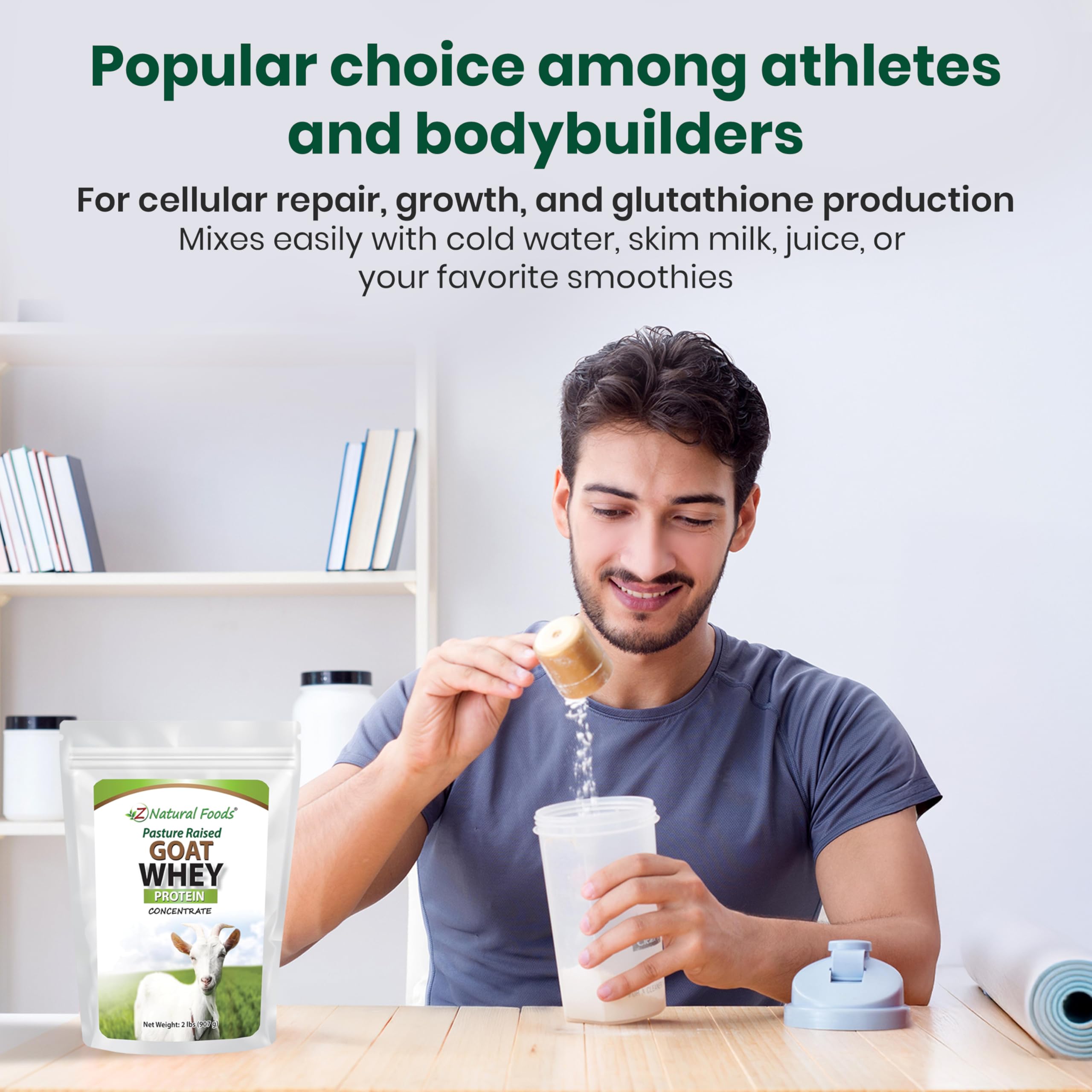 Z Natural Foods Goat Whey Powder ingredients panel and processing details.