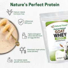 Z Natural Foods Goat Whey Powder label closeup, undenatured protein highlighted.