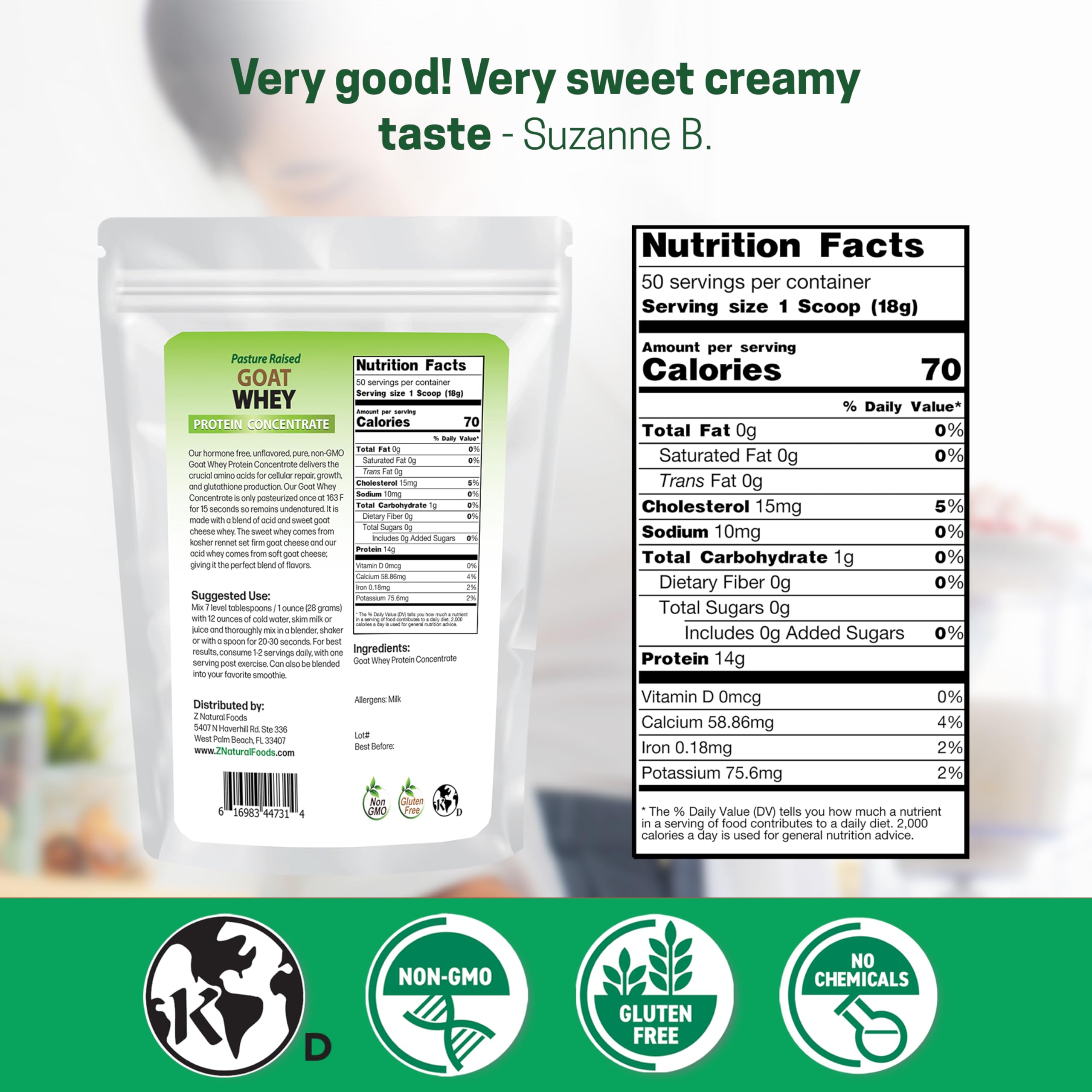 Z Natural Foods Goat Whey Powder poured into a shaker for post-workout fuel.