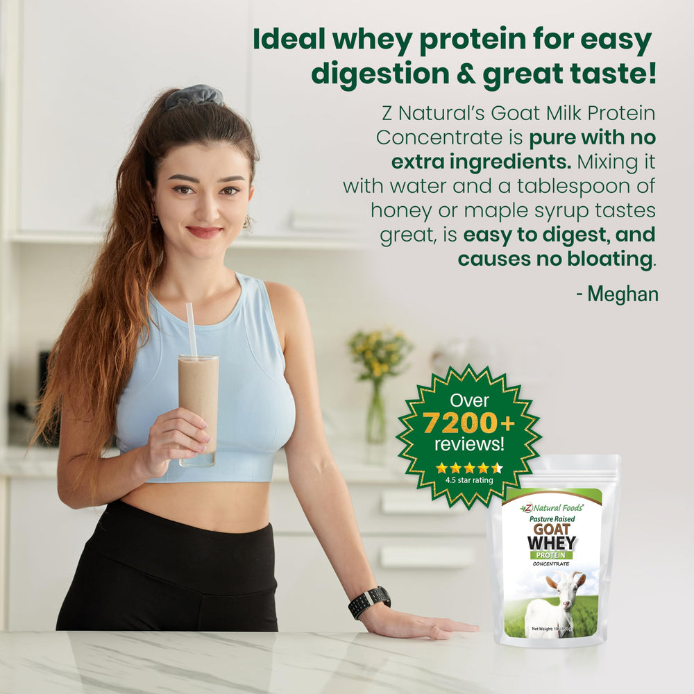 Z Natural Foods Goat Whey Protein Powder beaker pouring smoothie for quick recovery.