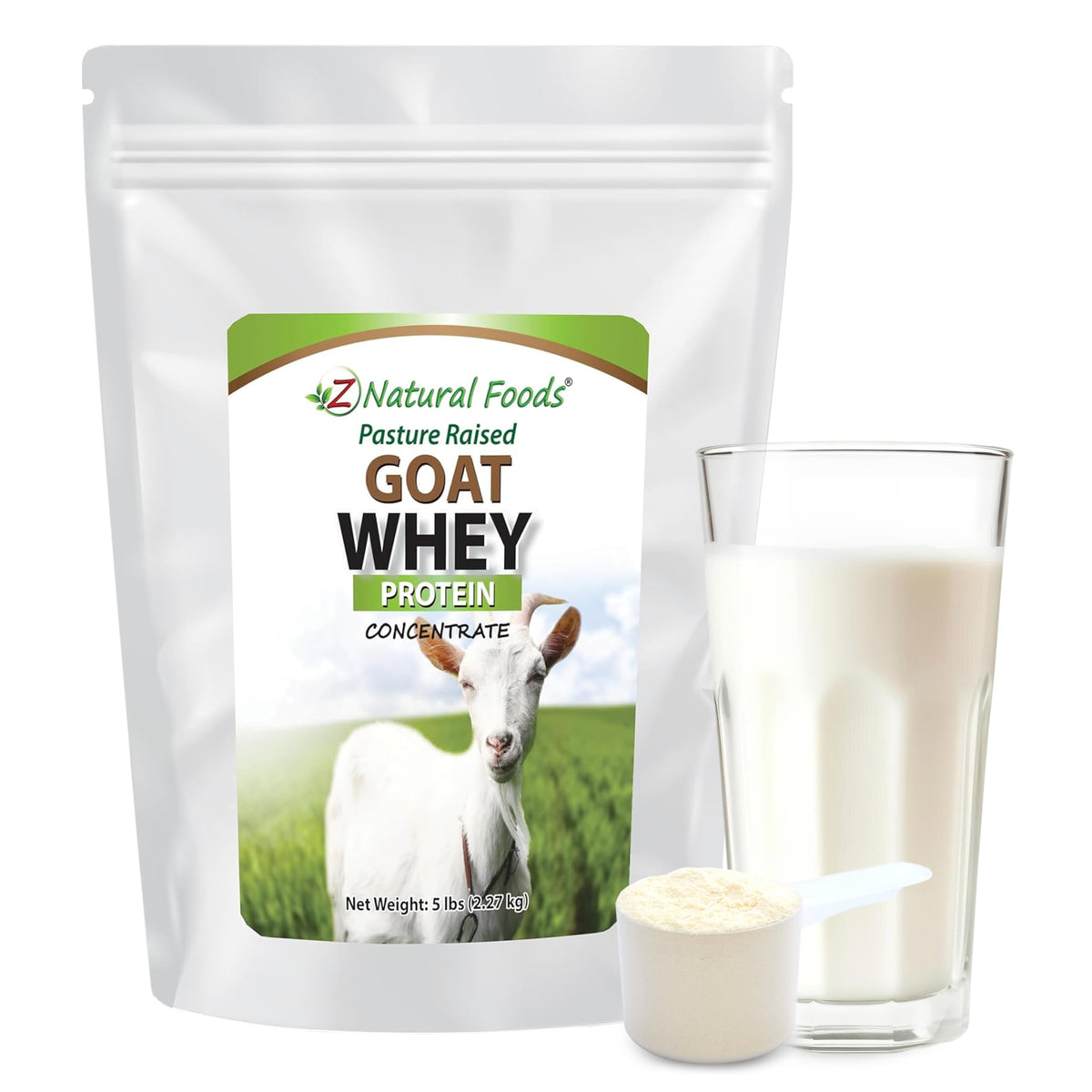 Z Natural Foods Goat Whey Protein Powder bottle pour for post-workout protein boost