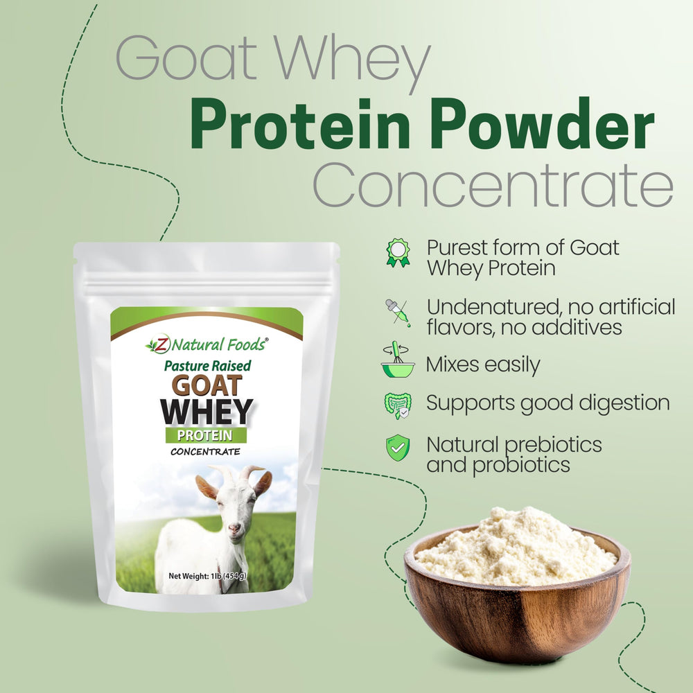 Z Natural Foods Goat Whey Protein Powder pasture-raised bag closeup highlighting essential amino acids.
